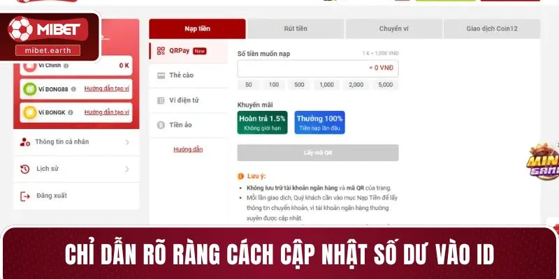 Chỉ dẫn rõ ràng cách cập nhật số dư vào ID Chỉ dẫn rõ ràng cách cập nhật số dư vào ID